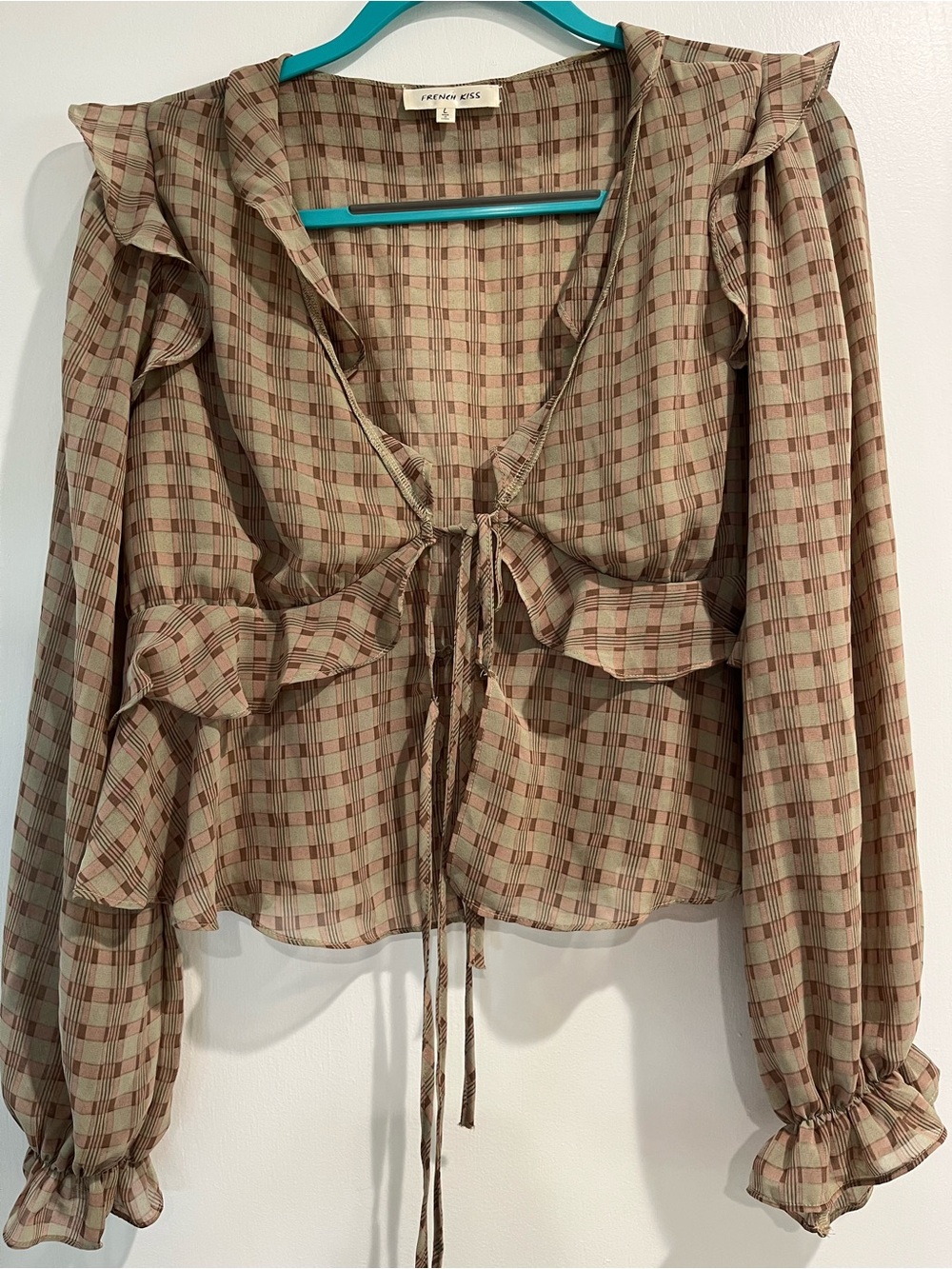 French Kiss Taupe & Burgundy Plaid Ruffle Tie-Front Blouse Size Large